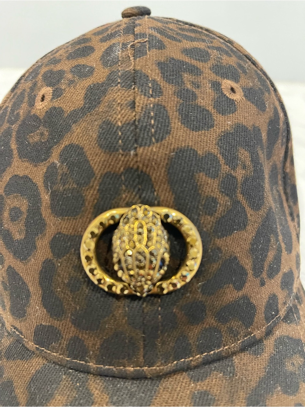 Kurt Geiger Leopard Print Brown and Black Ball Cap with Rhinestone’s/Gold Emblem - Picture 2 of 12